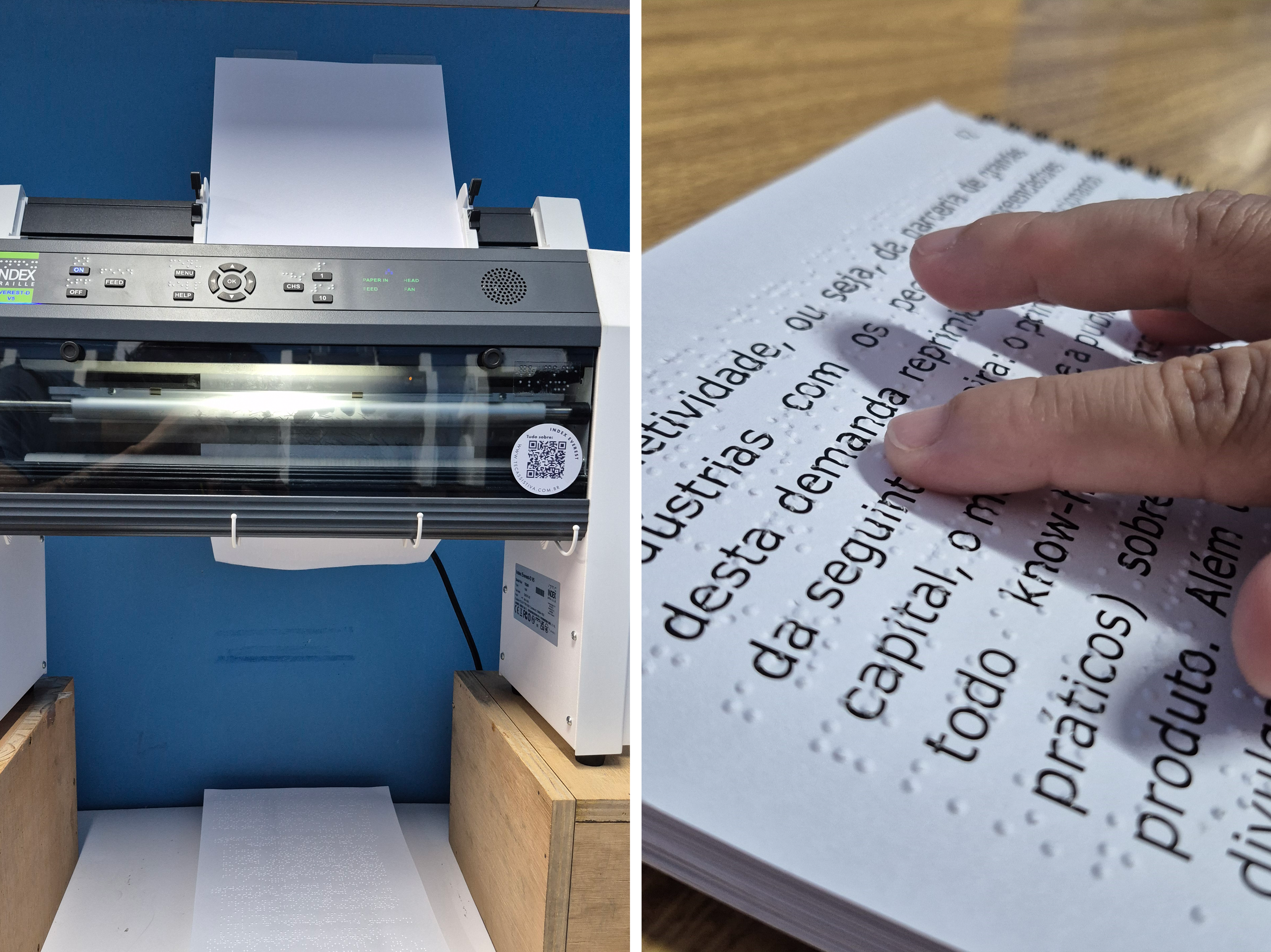Montagem de imagens mostrando uma impressora Braille e uma mão lendo Braille em um caderno.