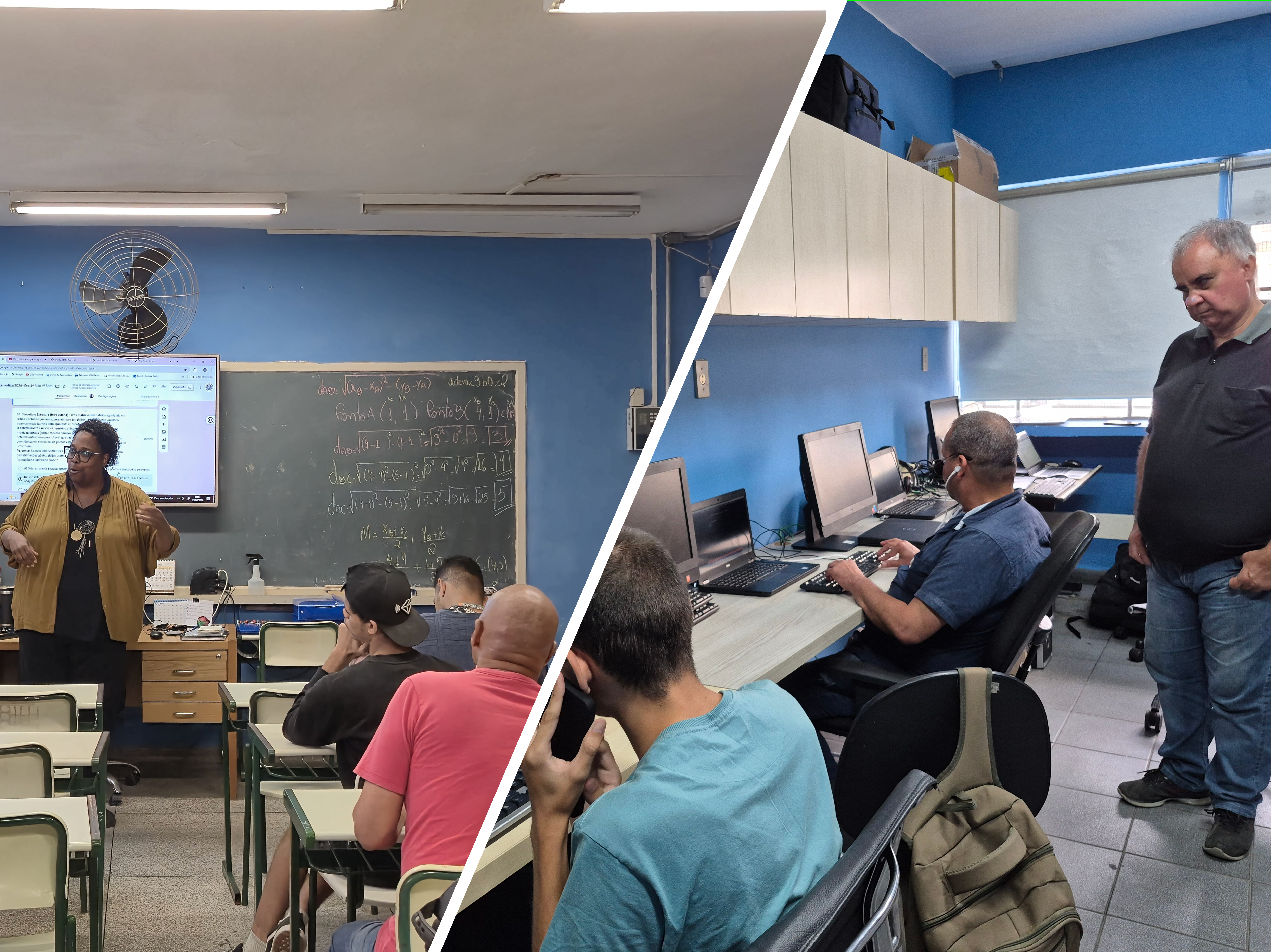 Montagem mostrando aula teórica à esquerda e aula de informática à direita.